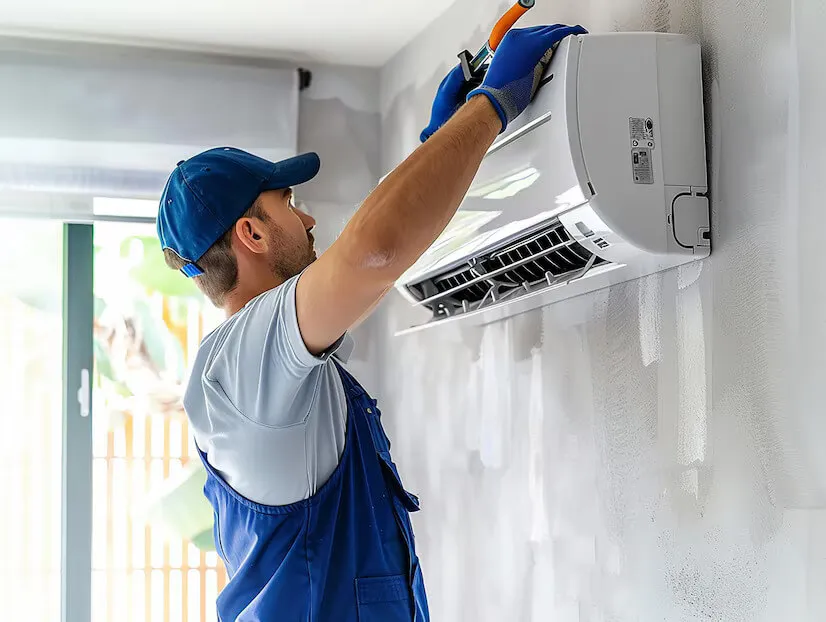 AC repair technician documenting service work completion